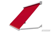 Roter Sonnenschutz von Warema mit weißem Kasten und Fallarm